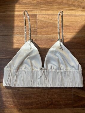 Zara’s White Satin Cropped Bralette with Chain Straps Medium